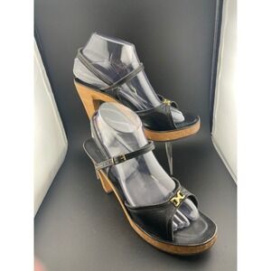 Vintage 90s Y2K Black Leather Platform Sandals Wood Heel Ankle Strap Size 9 gold